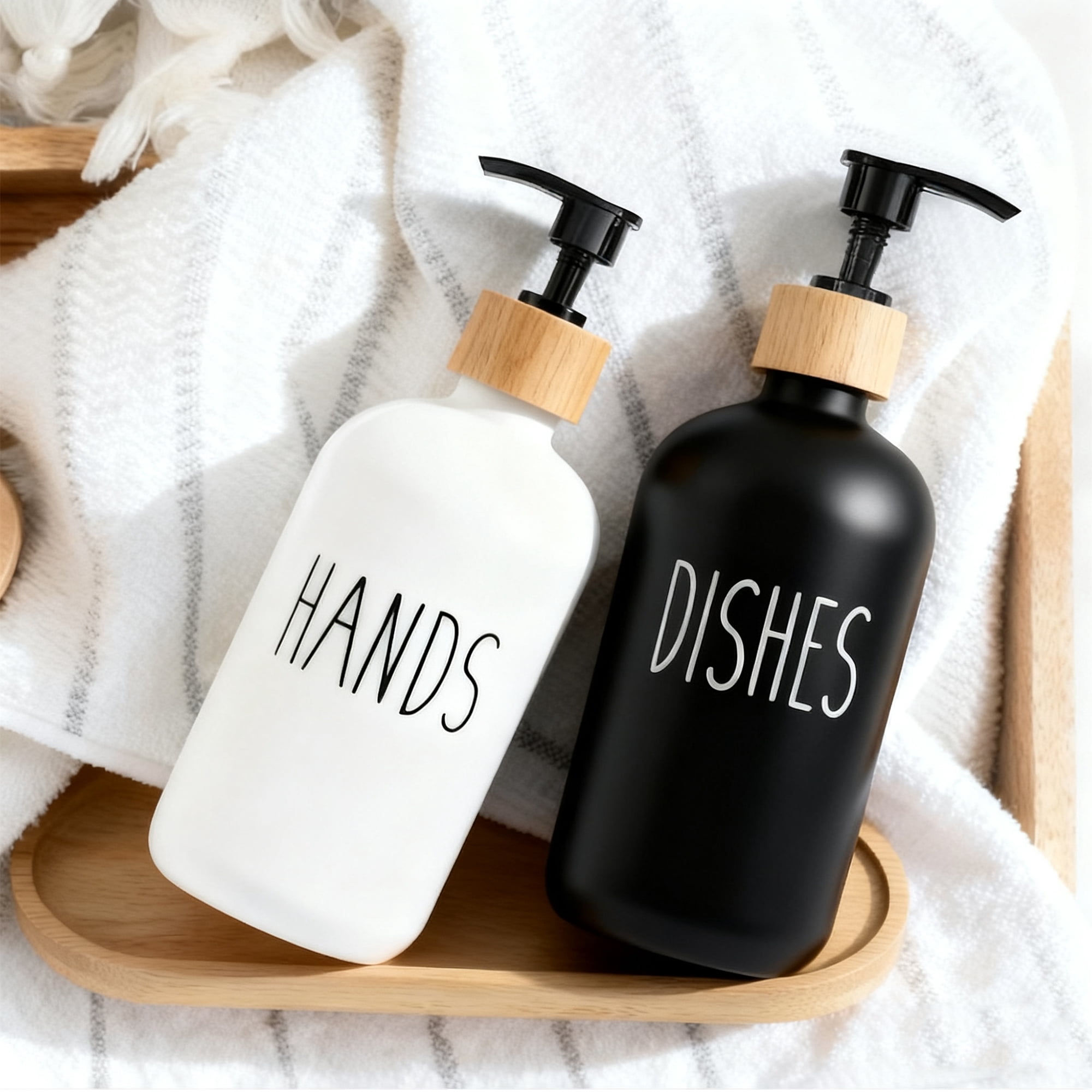 2 Pack Glass Soap Dispenser Set, Hand & Dish Soap Dispenser with Bamboo Tray & Pump, 16oz Soap & Lotion Dispenser Set for Bathroom Kitchen