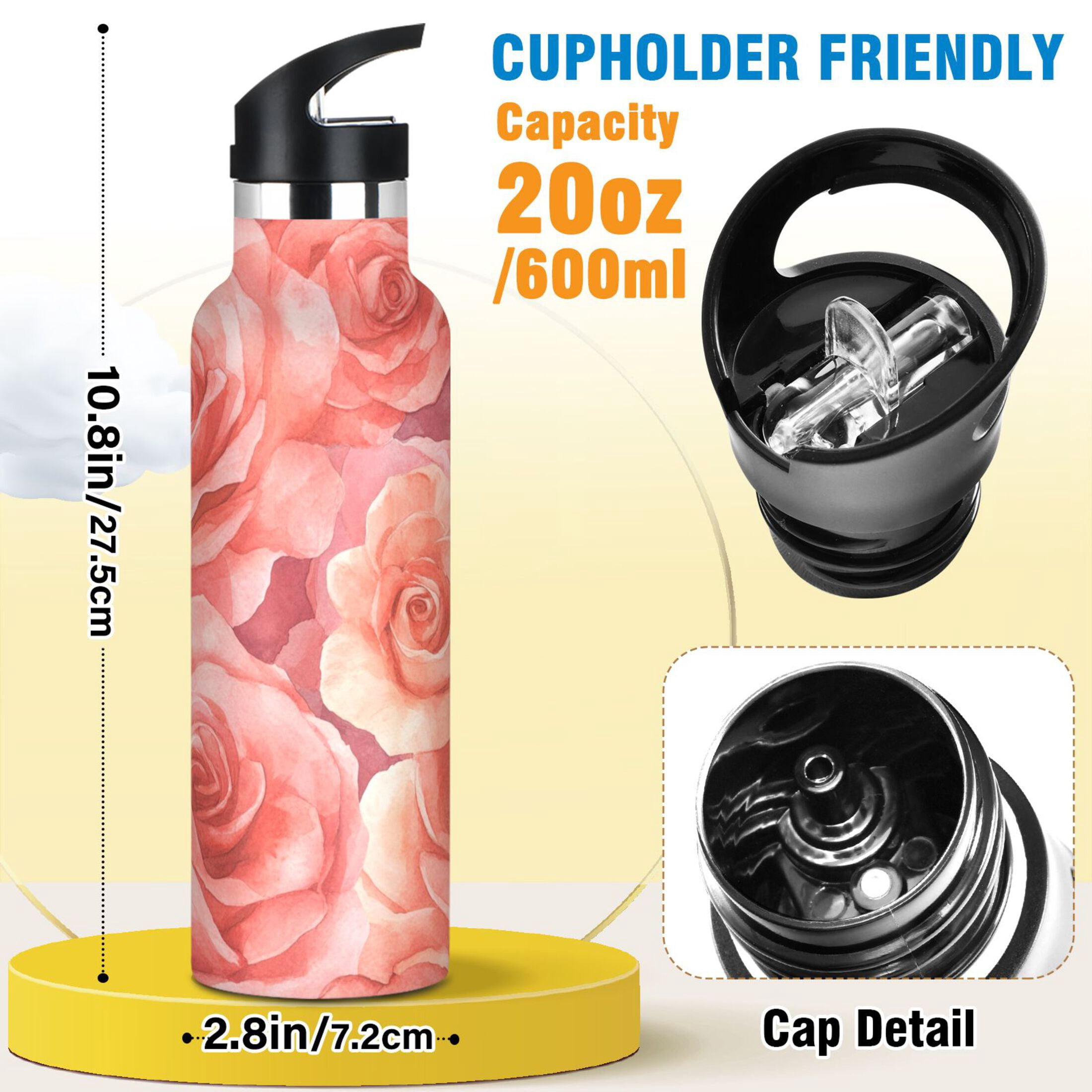 600ML Stainless Steel Insulated Cup Sports Water Bottle Portable Thermos Cup Water Glasses Insulated Tumblers Convenient and Durable Cartoon Pink Roses