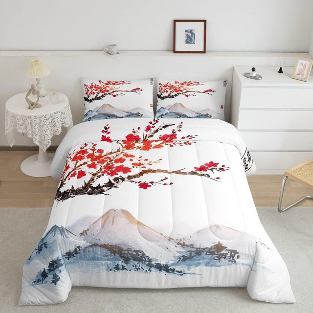 Cherry Blossoms Comforter Set Queen Size for Girls Women Japanese Red
