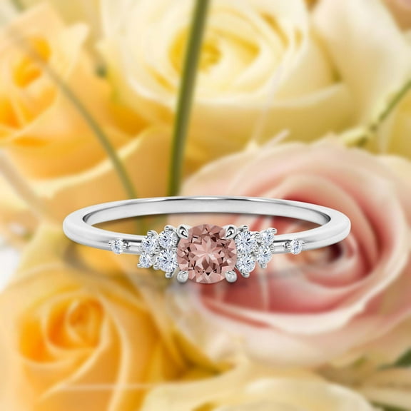 Salt And Pepper Minimalist 0.75 Carat Round Cut Morganite And Diamond Moissanite Engagement Ring, Dainty Wedding Ring in 925 Sterling Silver With White Gold Plating, Promise Ring, Anniversary Ring