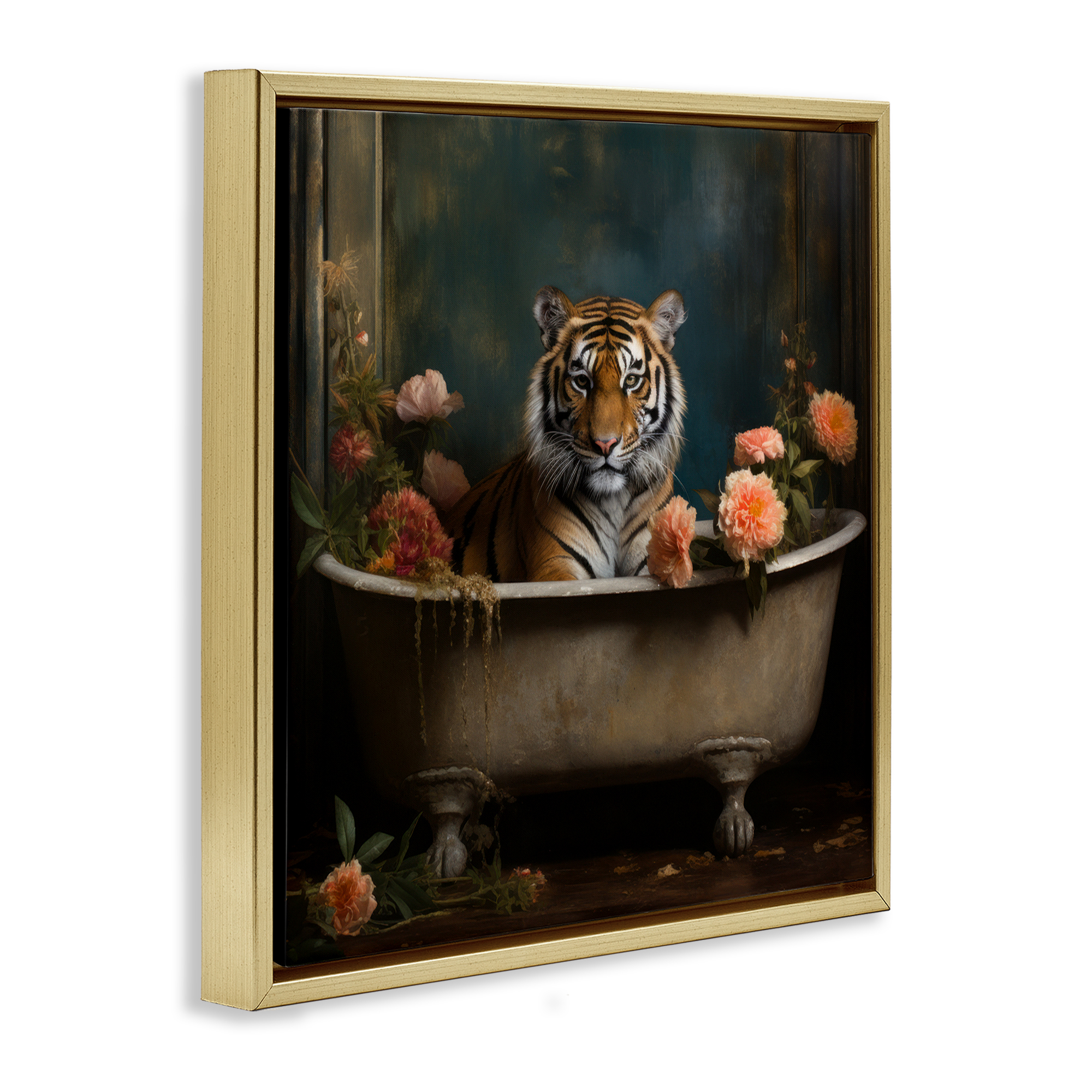 Tiger in Floral Bathtub Gold Floating Frame Canvas Art, 25 x 25