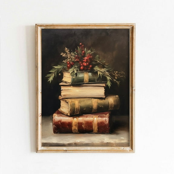 Christmas Books With Holly Art Print Poster Wall Decor Canvas Art Prints Painting Picture Artwork Home Bedroom Decoration No Frame