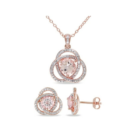 Tangelo 2-7/8 Carat T.G.W. Morganite and 1/5 Carat T.W. Diamond Rose Rhodium-Plated Sterling Silver 2-piece Pendant and Earrings Set