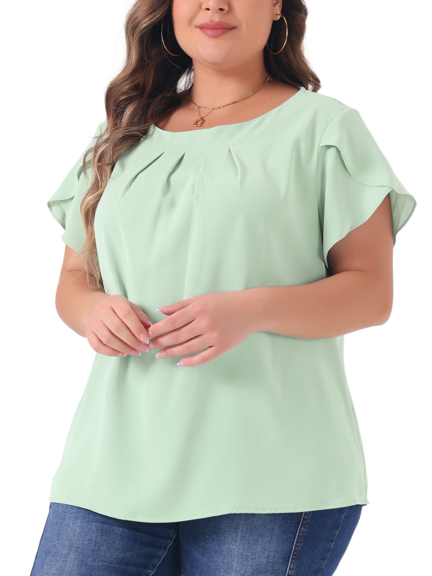 DARING DIVA Women's Plus Size Round Neck Pleated Tulip Sleeve Shirt Blouse 1X Light Green