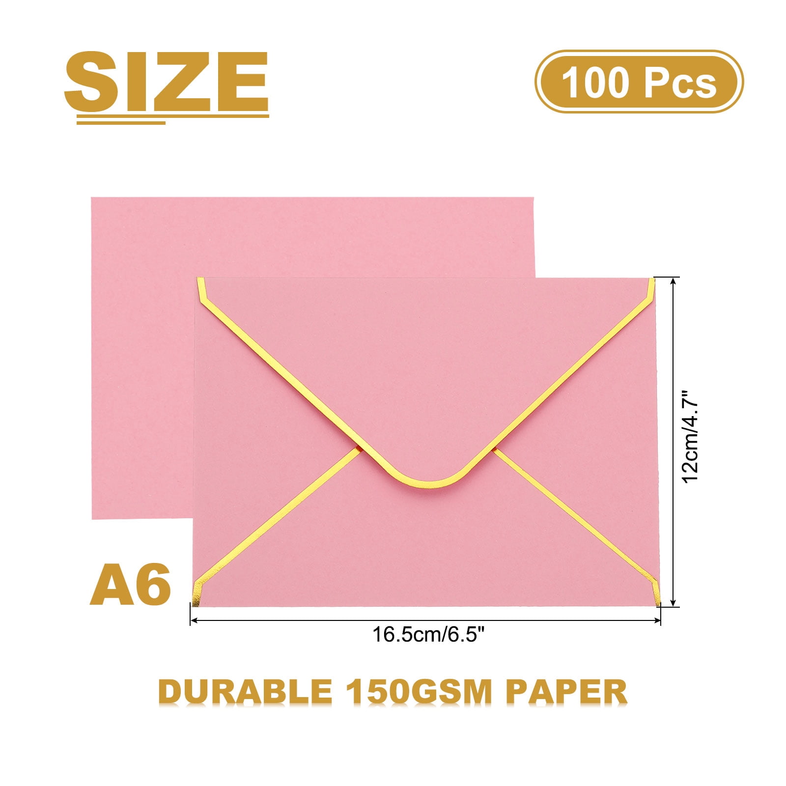 Uxcell 100 Pack A6 Envelopes, 4x6 Card V Flap Envelope Round Edge Valentine Envelopes with Gold Border for Office Wedding Card Invitations Graduation Party Gift, Pink