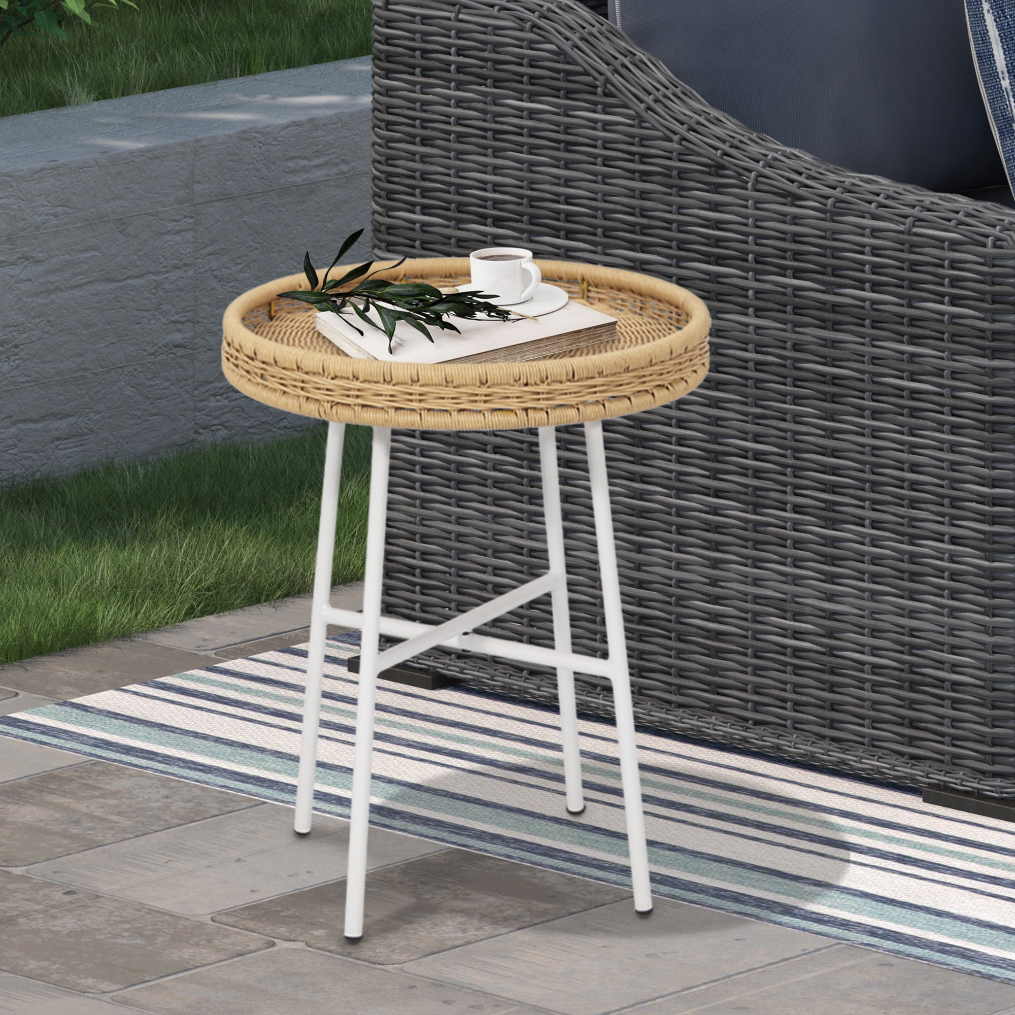 Abble Indoor Outdoor Side Tables, Wicker Small Round Metal End Table, Weather Resistant Rattan Accent Table for Patio, Yard, Balcony, Natural