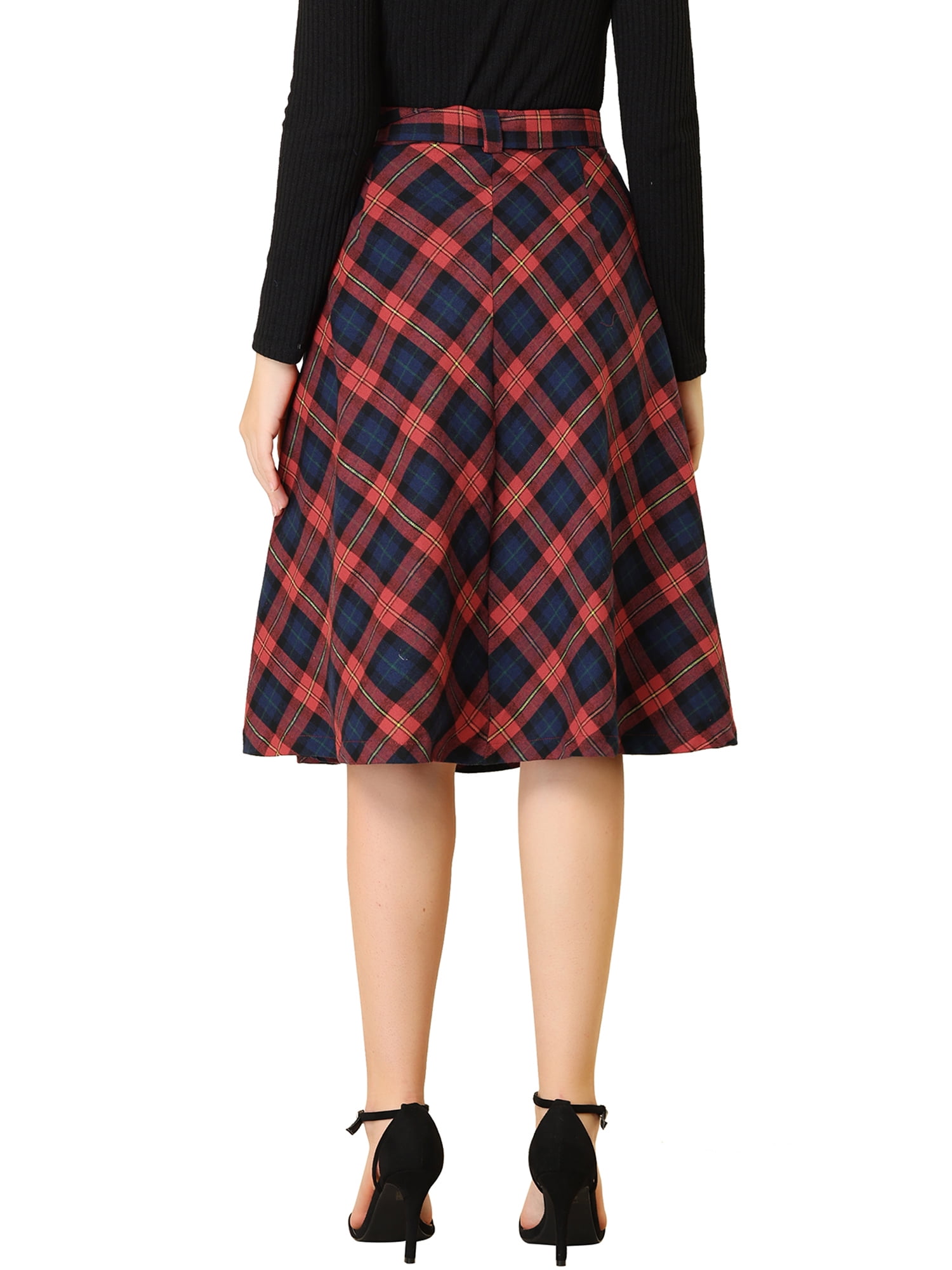 DARING DIVA Women's Plaid Belted Vintage A-Line Midi Skirt M Red Blue