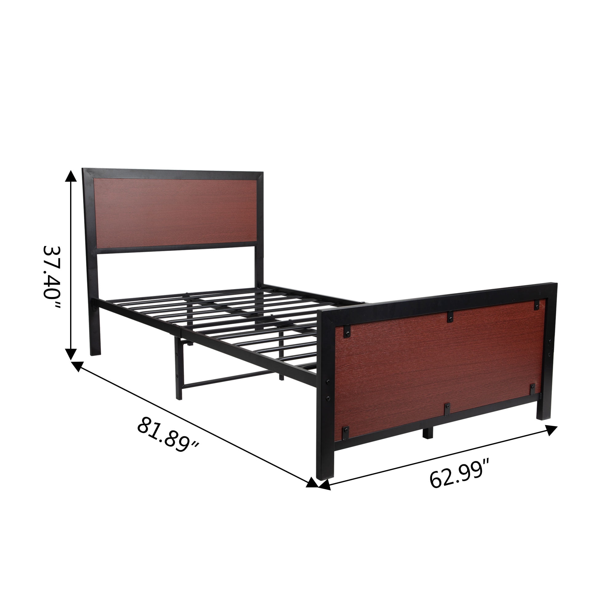 Heavy Duty Queen Bed Frame with with Wood Headboard and Metal Slats, Brown