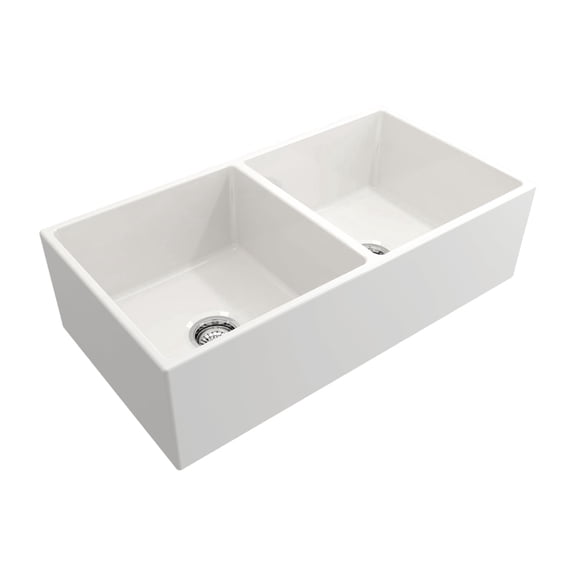 36 x 19 Inch Fireclay Kitchen Sink, Farmhouse Sink, White Fireclay Kitchen Sink, Double Bowl Apron Front, Plain Ceramic Farm Sink
