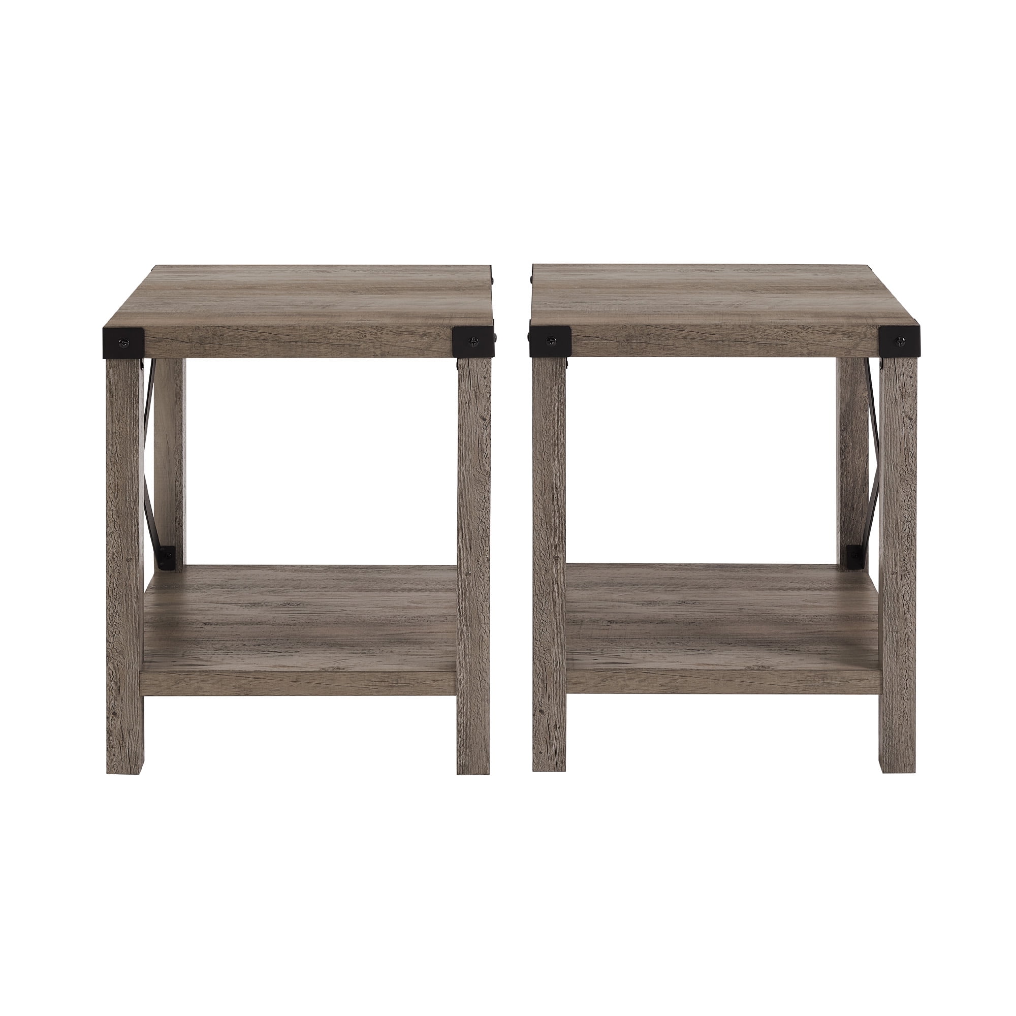 Walker Edison Farmhouse Open Storage Side Table, Set of 2, Grey Wash