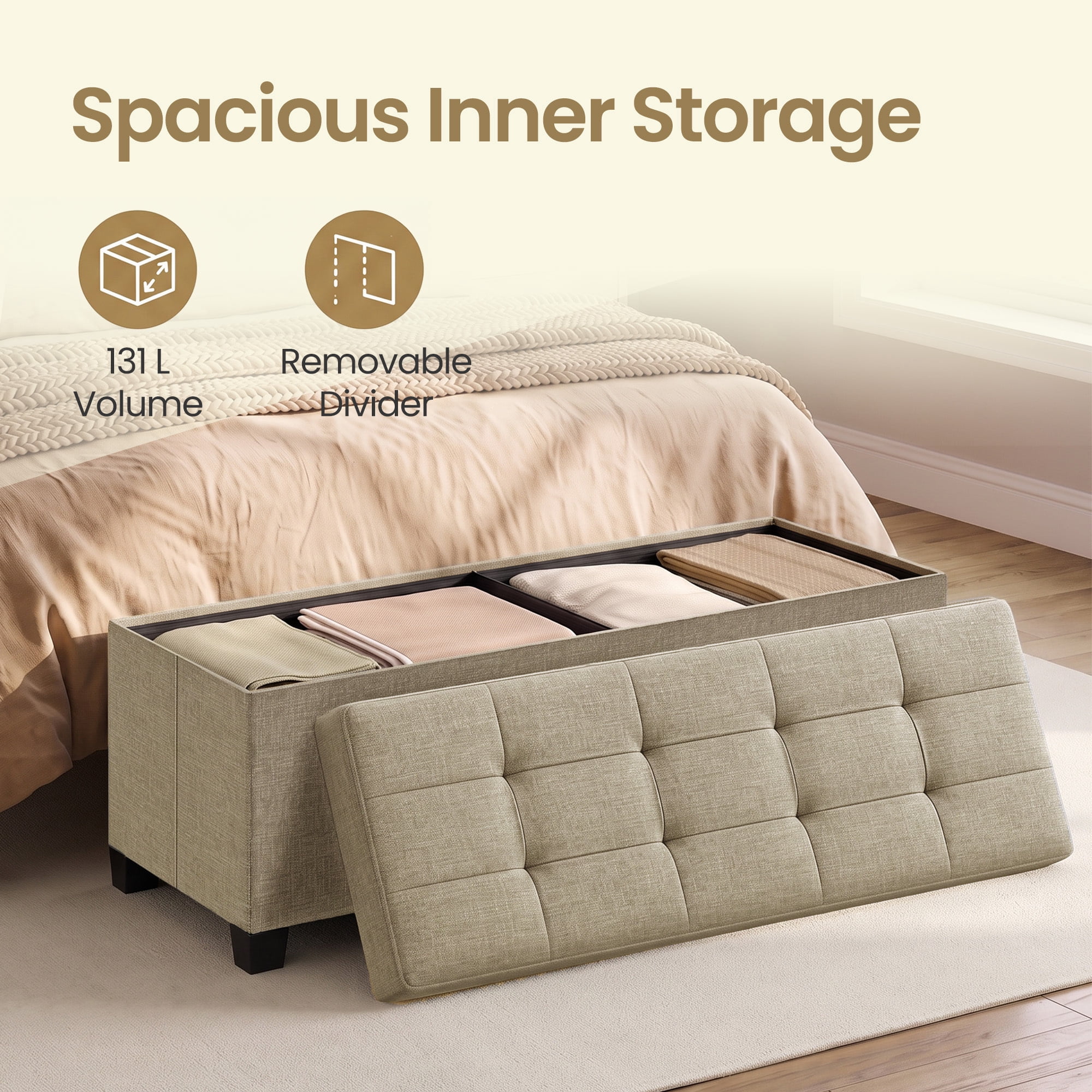 Ledrem Large Folding Storage Ottoman Bench with Footrest, Camel Brown