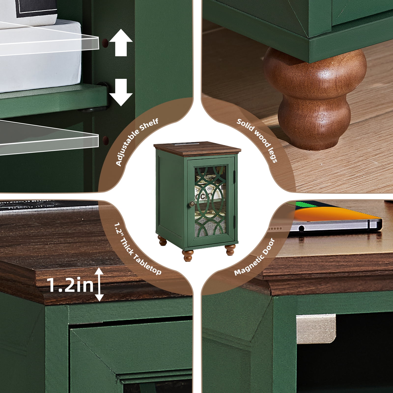 Modern Bedside Table Set for Small Spaces - 2 Narrow Nightstands with Charging Station, Glass Door & Adjustable Storage, Green