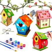 WOORNIGOJIN Art Craft Wood Toys for Kids, 4 Pack DIY Bird House Kit Painting Puzzle DIY Wooden Assembly, Build and Paint Birdhouse, Include Paints & Brushes, Wooden Arts for Girls Boys Toddlers