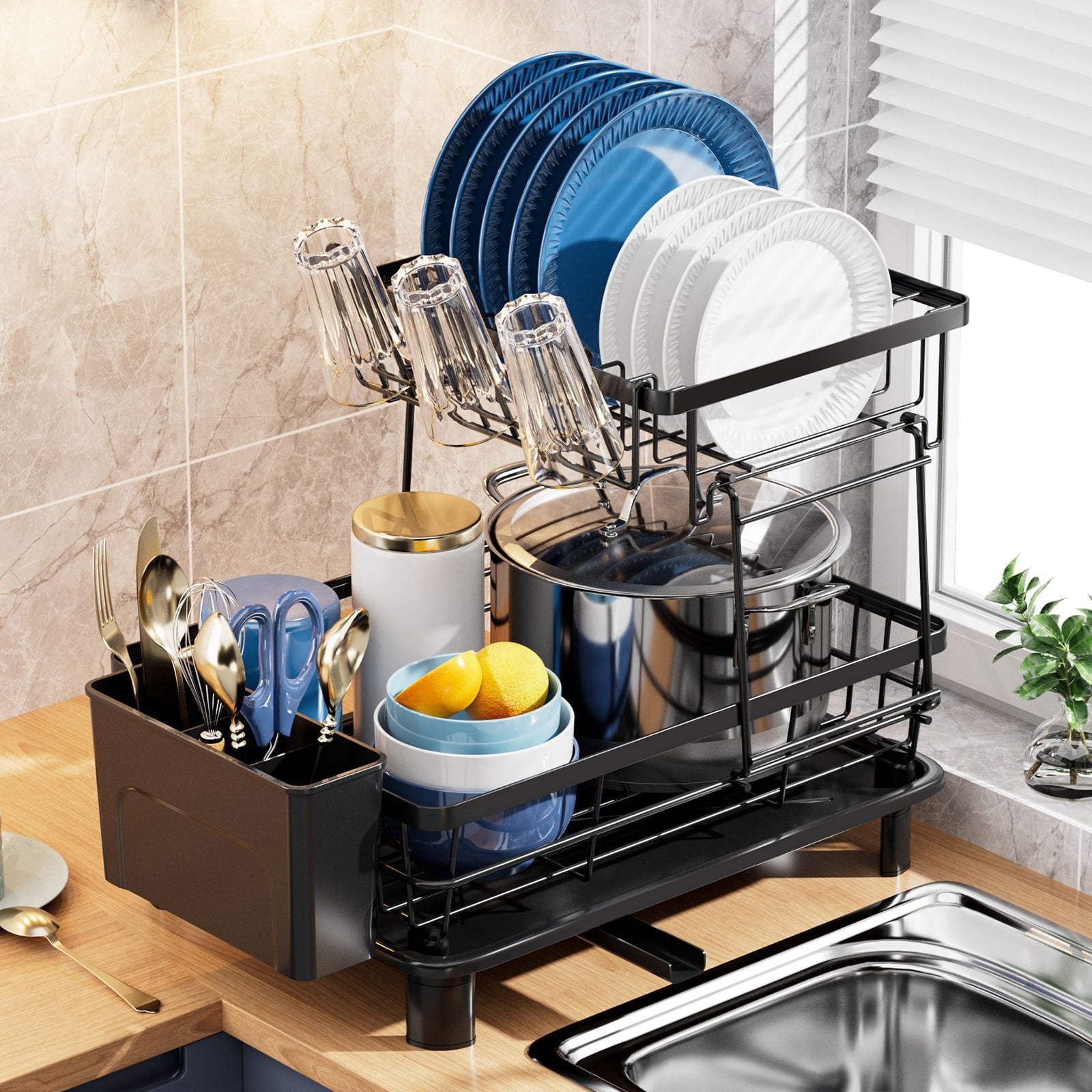 Bxaolu Dish Drying Rack - 2 Tier Small Dish Racks for Kitchen Counter with Drainboard, Utensil & Glass Holder, Small Dish Dryer Rack, Multifunctional Dish Drainer for Kitchen Organization, Black