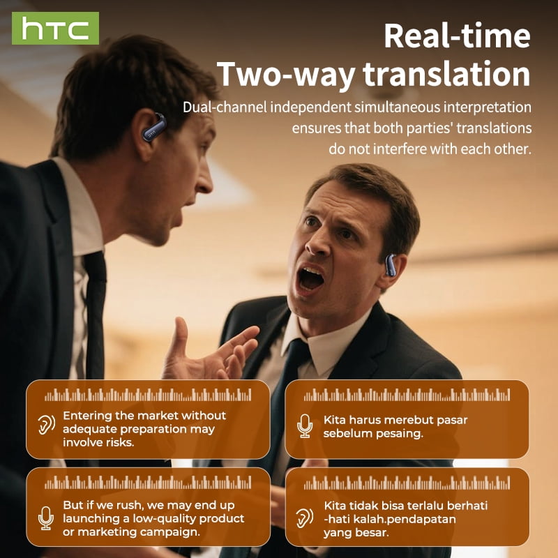 HTC NE38 Bluetooth 6.0 Open-Ear Earbuds, AI Translator, Noise-Cancelling, 130+ Languages, 40H Playtime, IPX5 Waterproof, Beige