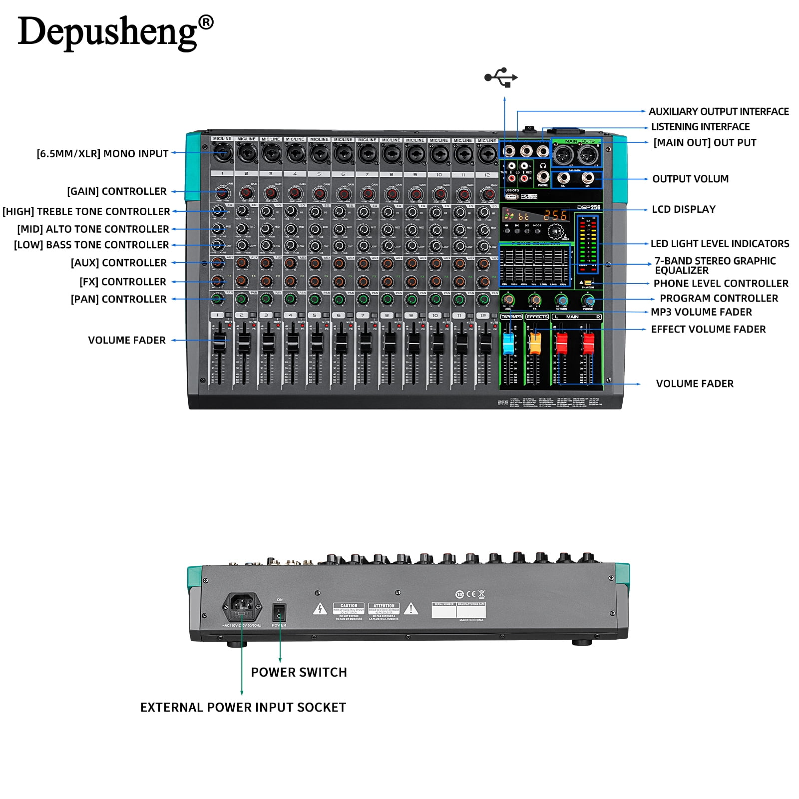 Depusheng PA12 Mixing Console 12-Channel Audio Mixer with 48V 256DSP Reverb Effect  PC AUX Play Record Podcast Broadcast stage