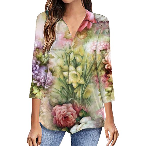 IROINNID Reduced Women's Long Sleeve V-Neck Shirts Daily V-Neck Three Quarter 3/4 Sleeve T Shirt Autumn Printing Blouse Tops Sweatshirt,Green