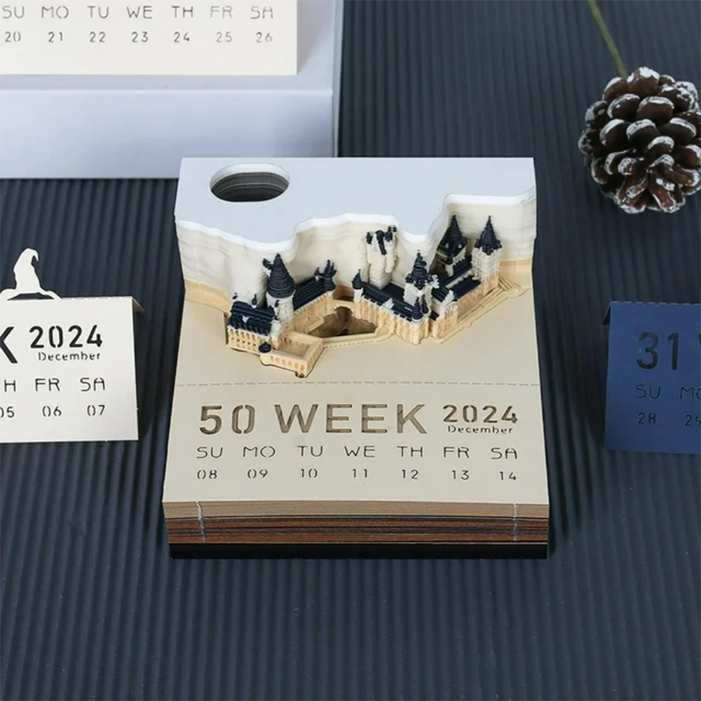 3D 2024 Desk Calendar Magic Castle Block Notepad with LED Light, 3D Art Memo Pad Paper Carving Birthday Gift , Notepad Sticky Notes Scrapbook Christmas Home Decoration