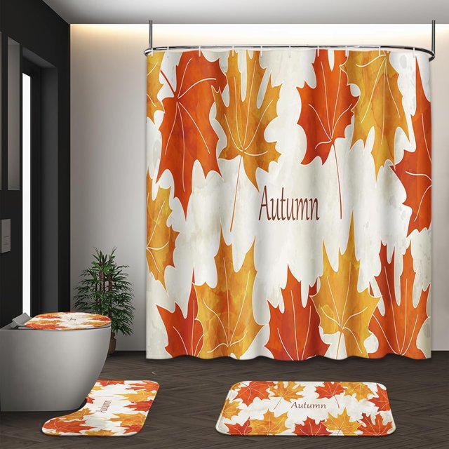 Juego de cortina de ducha con esqueleto de Halloween con tapa de inodoro y alfombras antideslizantes, 4 cortinas de ducha divertidas con calaveras de color naranja otoñal para baño, accesorios de