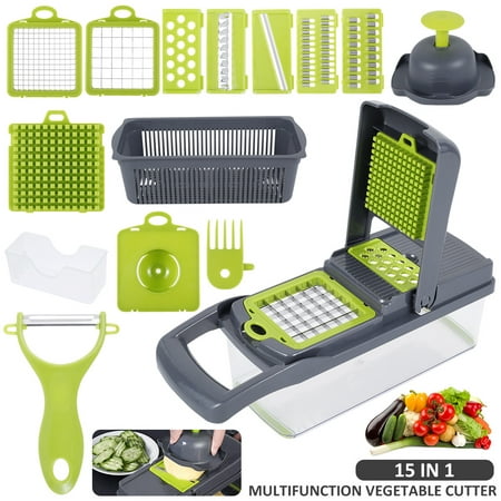 

Grusce Vegetable Chopper Multifunctional 15-in-1 Food Choppers Onion Chopper Vegetable Slicer Cutter Dicer with 6 Blades Colander Basket Container for Potato Carrot Garlic