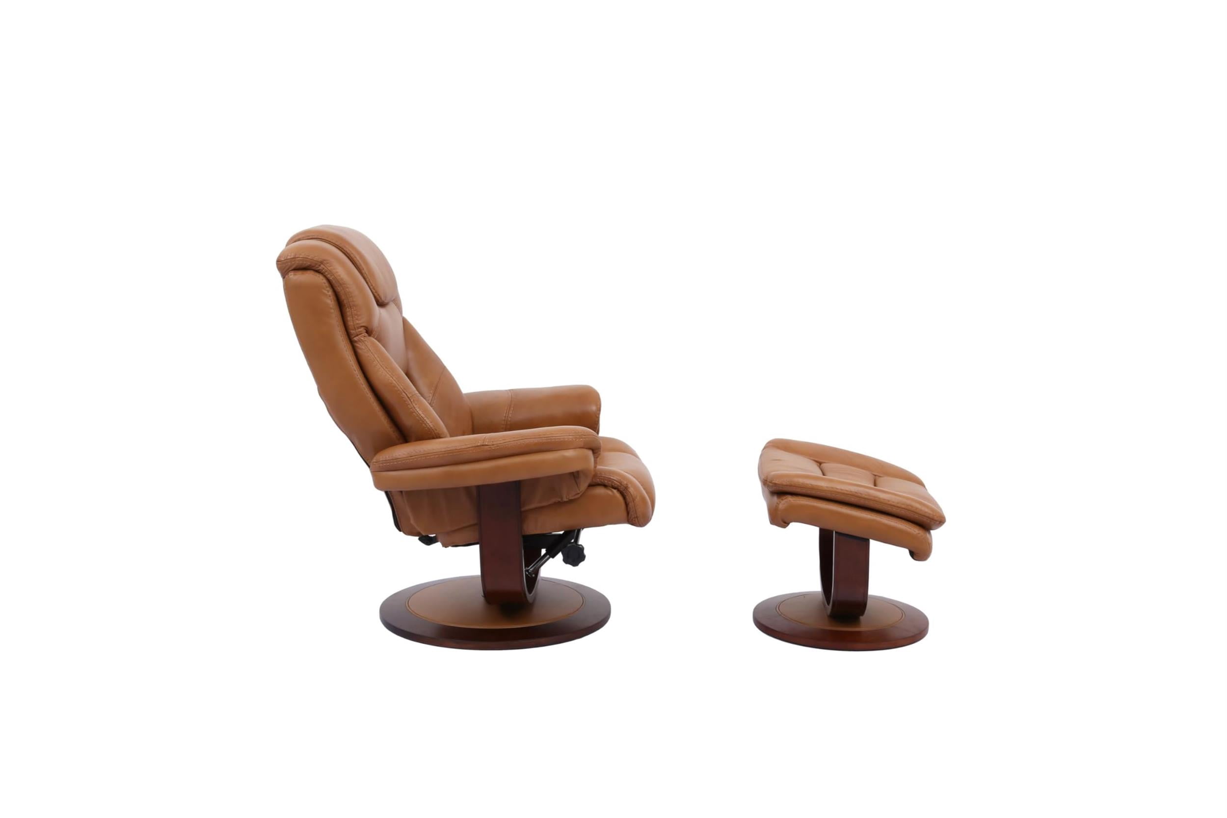 Pemberly Row Leather Manual Reclining Swivel Chair and Ottoman in Brown