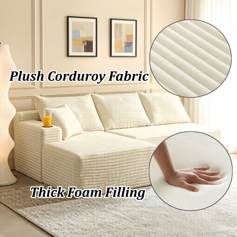 2-Piece No Assembly Need Sectional Sofa Set, Boneless Couch with Chaise Lounge, Modular Upholstered Sofa with Cup Holder