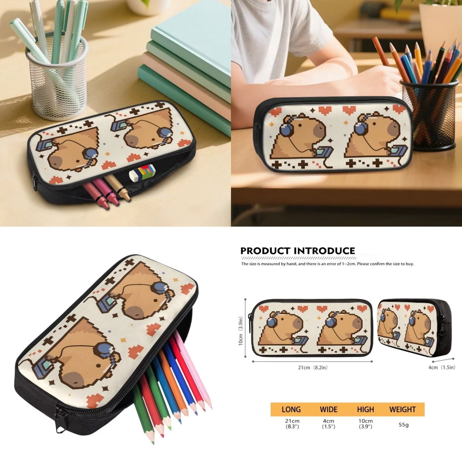 Pzuqiu Art Capybara Girls Backpack with Lunch Box Water Bottle Bag Kawaii Backpacks for School Girls with Adjustable Shoulder Strap, 5 pcs Kawaii Large Capacity Student Bag