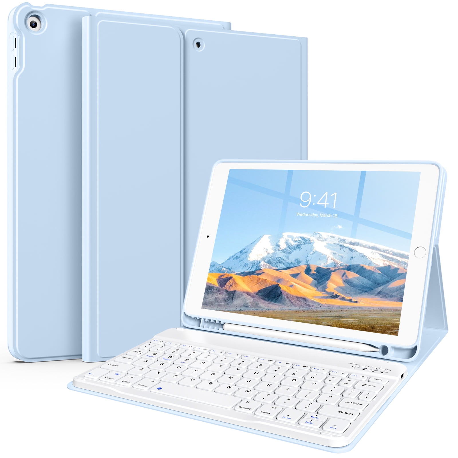 KenKe Keyboard Case for iPad 9th Generation 2021/8th Gen 2020/7th Gen 2019 10.2 Inch, Detachable Wireless Bluetooth Keyboard, Stand Folio Keyboard Cover with Pencil Holder, Auto Sleep/Wake,Light Blue