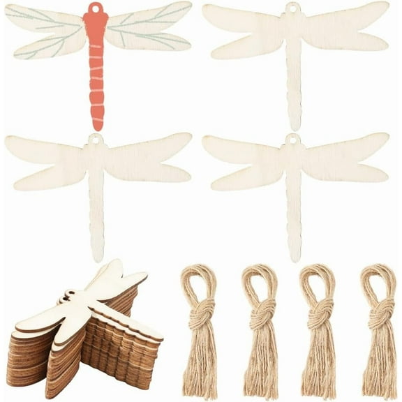 20Pcs Unfinished Wooden Dragonfly Blank Wood Slices 2.7x3.9 Inch Wooden Dragonfly Cutouts Gift Tags with Hole Hemp Ropes Hanging Ornaments