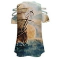 thumbnail image 5 of Hand Painting The Pirate Ship Womens Summer V Neck Zipper Top Short Sleeve T Shirt Off Shoulder Top Casual Classy Loose Shirts, 5 of 7