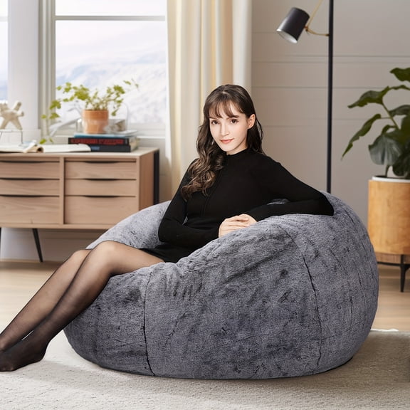 Modern Round Velvet Bean Bag Chair - Filled Memory Foam Giant Fluffy Lazy Sofa, Classic Imperial Lounger for Living Room Bedroom, Gray