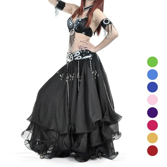 BellyLady Belly Dance Skirt Halloween Tribal Chiffon Tiered Maxi Full Skirt-Purple