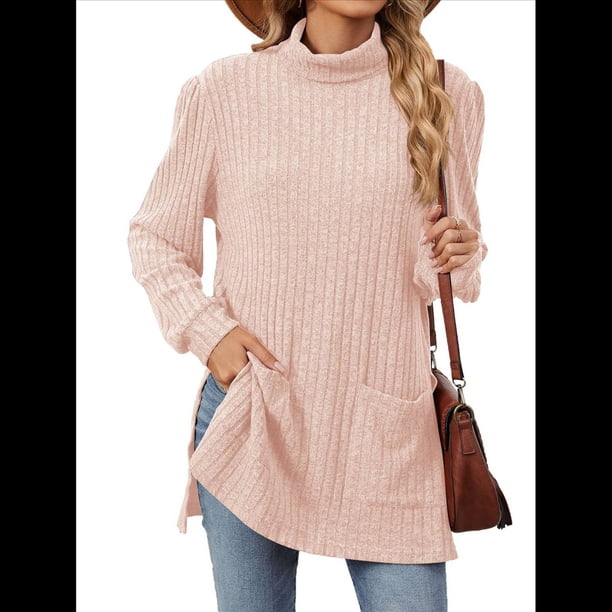Camisas de Larga para Mujer, Blusas Túnica Casuales de Cuello Alto Rosa L