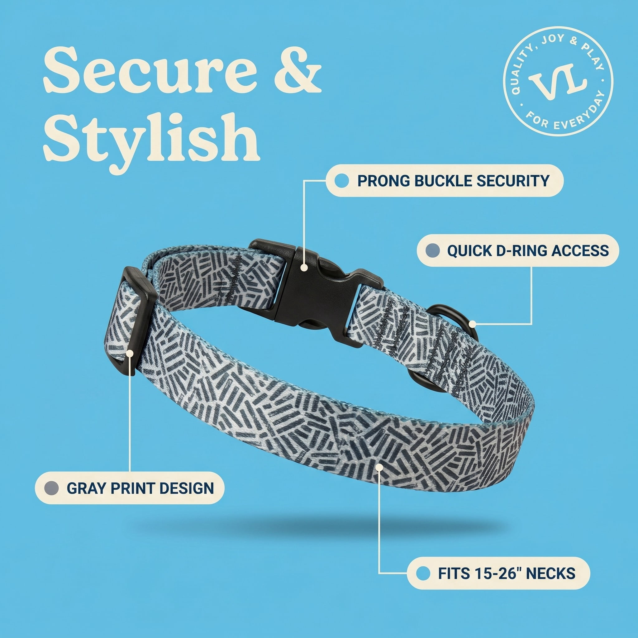 Vibrant Life Dog Collar, Polyester Adjustable, Gray Print, L