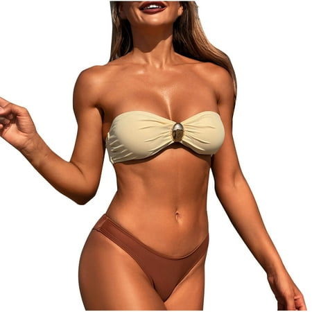 Ashirexll Swim Suits for Women 2025 Solid Color Strapless Bandeau Bikini Set Two Piece Swimsuit Top with Bikini Bottoms for Women Khaki A M