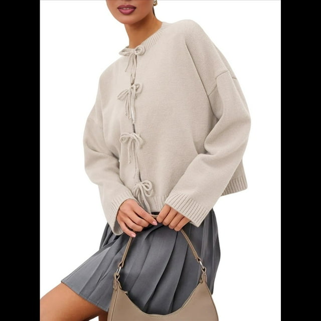 Suéteres Tipo Cárdigan con Lazo Frontal para Mujer, de Punto Grueso, con Mangas Largas Abullonadas, Modernos Abrigos para Otoño e Invierno. Albaricoque L