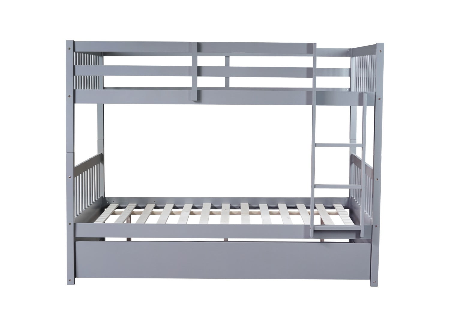 Full Over Full Bunk Bed with Twin Trundle, Convertible Wooden Bunk Bed with Guardrails & Ladder, Detachable into 2 Full Size Beds, Grey
