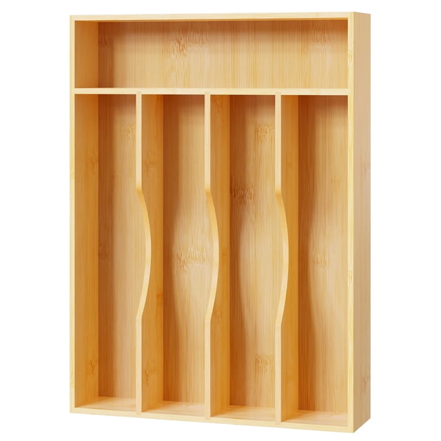 Bellsal Organizador de utensilios Bandeja para cubiertos de 10 pulgadas para cajón Porta utensilios Organizador de cubiertos Organizador de cajones de cocina 5 compartimentos Pequeño y estrecho Bambú