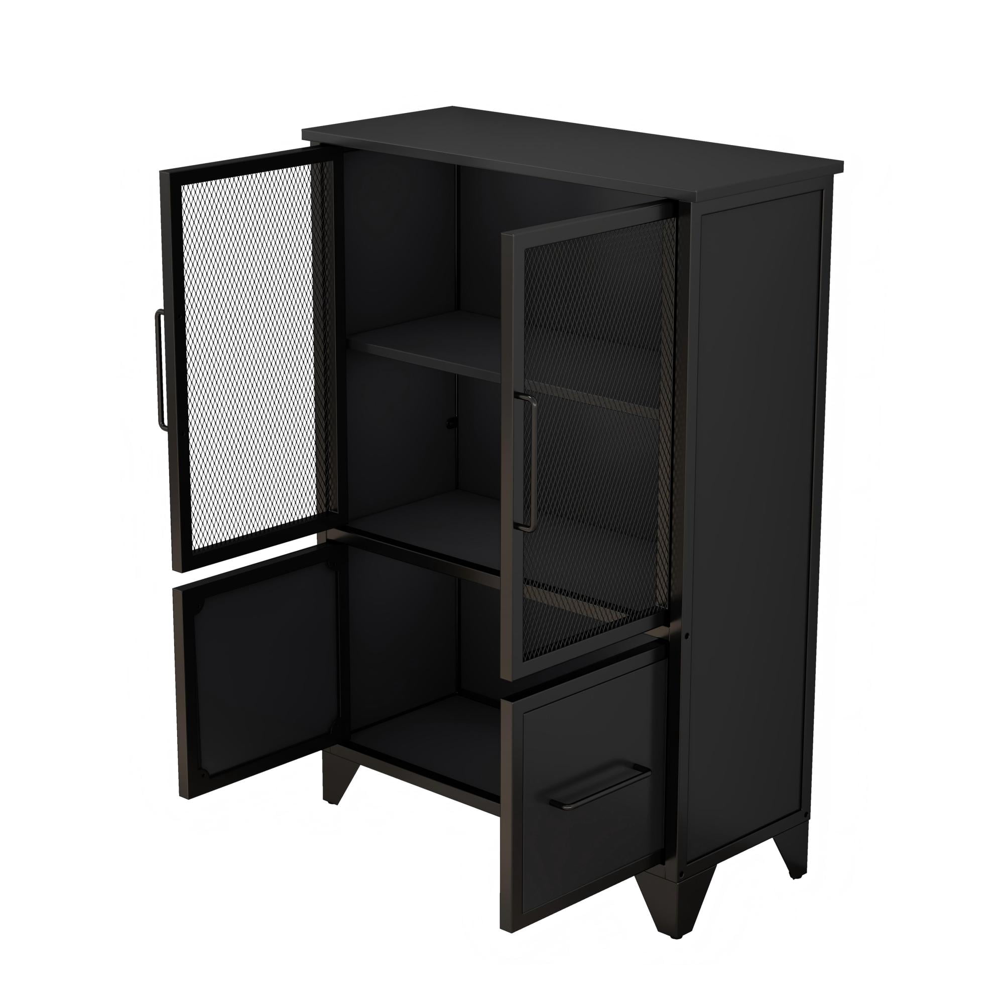 Storage Cabinet,3-Tier Farmhouse Kitchen Sideboard With Adjustable Shelf & 4 Iron Doors for Living Room,Kitchen,Black
