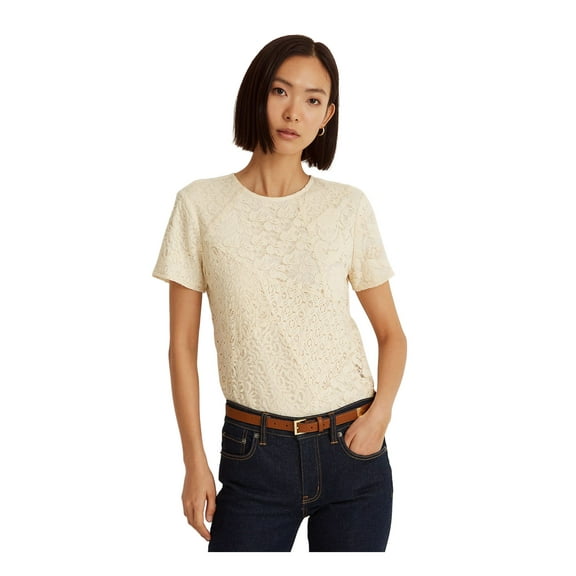 LAUREN RALPH LAUREN Womens Ivory Sheer Lace Cami Lining Keyhole Closure Short Sleeve Crew Neck Blouse 16