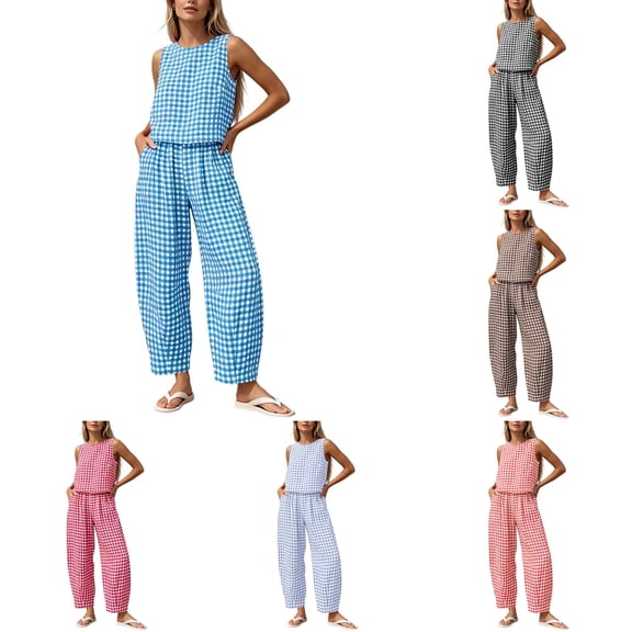 DYTTDG Women's Gingham Print 2-Piece Outfit | Sleeveless Round Neck Top & Elastic Waist Wide Leg Pants Set with Pockets, Casual Lounge Set