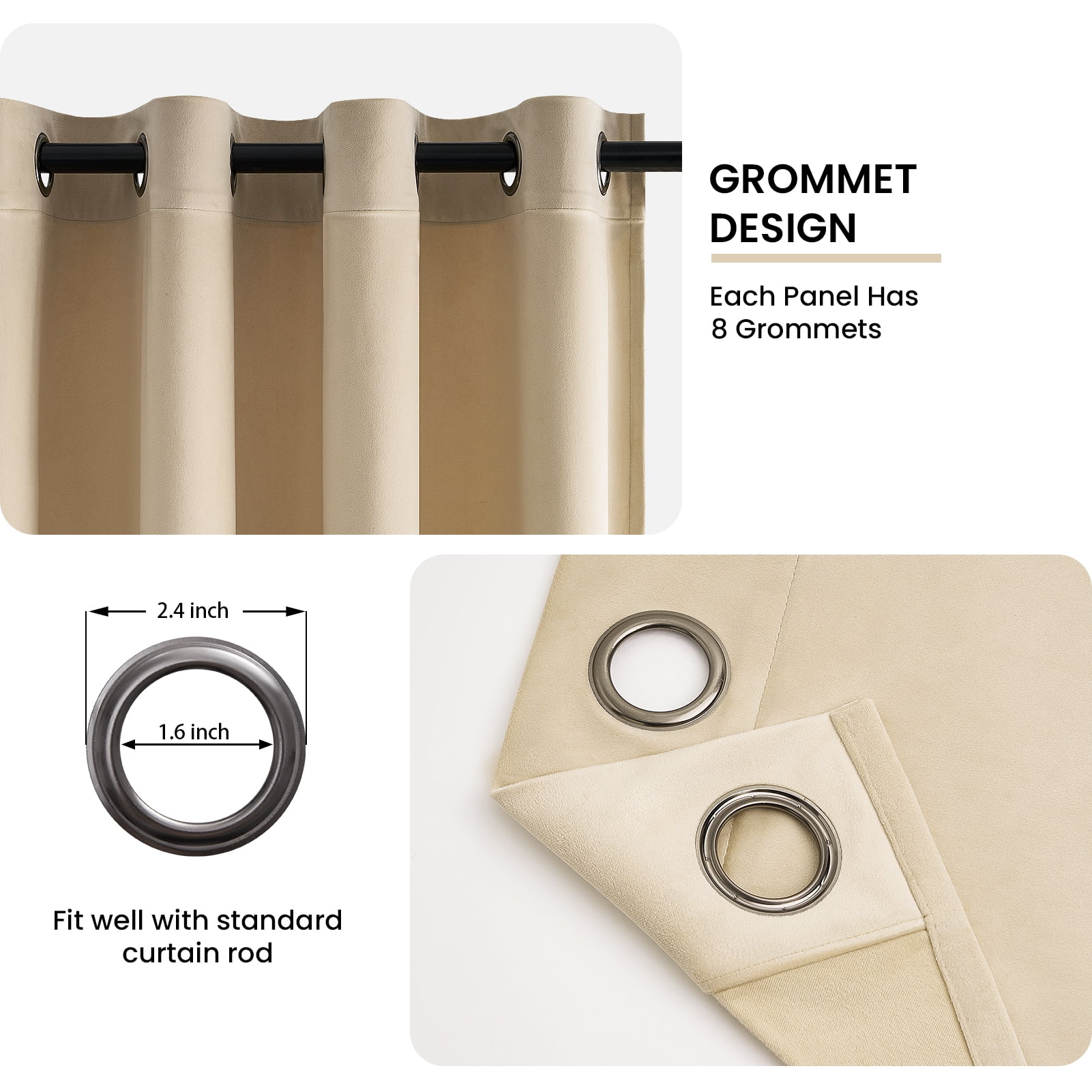 Topfinel Beige Velvet Blackout Grommet Curtains 52" x 108", 2 Panels