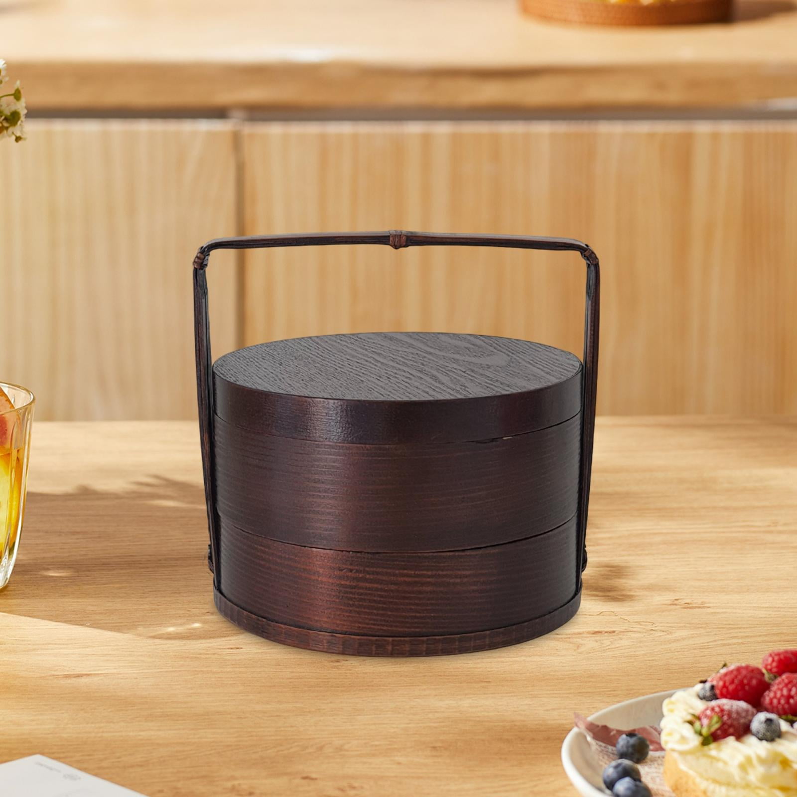 Fancyes Portable Bento Box Wooden Bento Box Practical Sushi Box Wood Gift Food Box Sturdy 2 Layer with Handle for Home Outdoor Picnic 15x15x20 cm