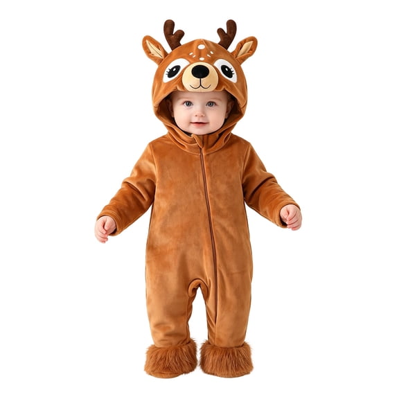 Otqutp Baby Deer Full Zip Hooded Bodysuit Soft Plush Animal Jumpsuit Newborn Long Sleeve Warm Romper Casual Infant Outfit for Halloween