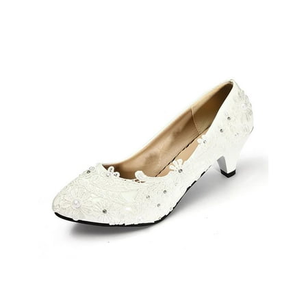 Meigar Women Lace White Ivory Crystal Wedding Shoes Bridal