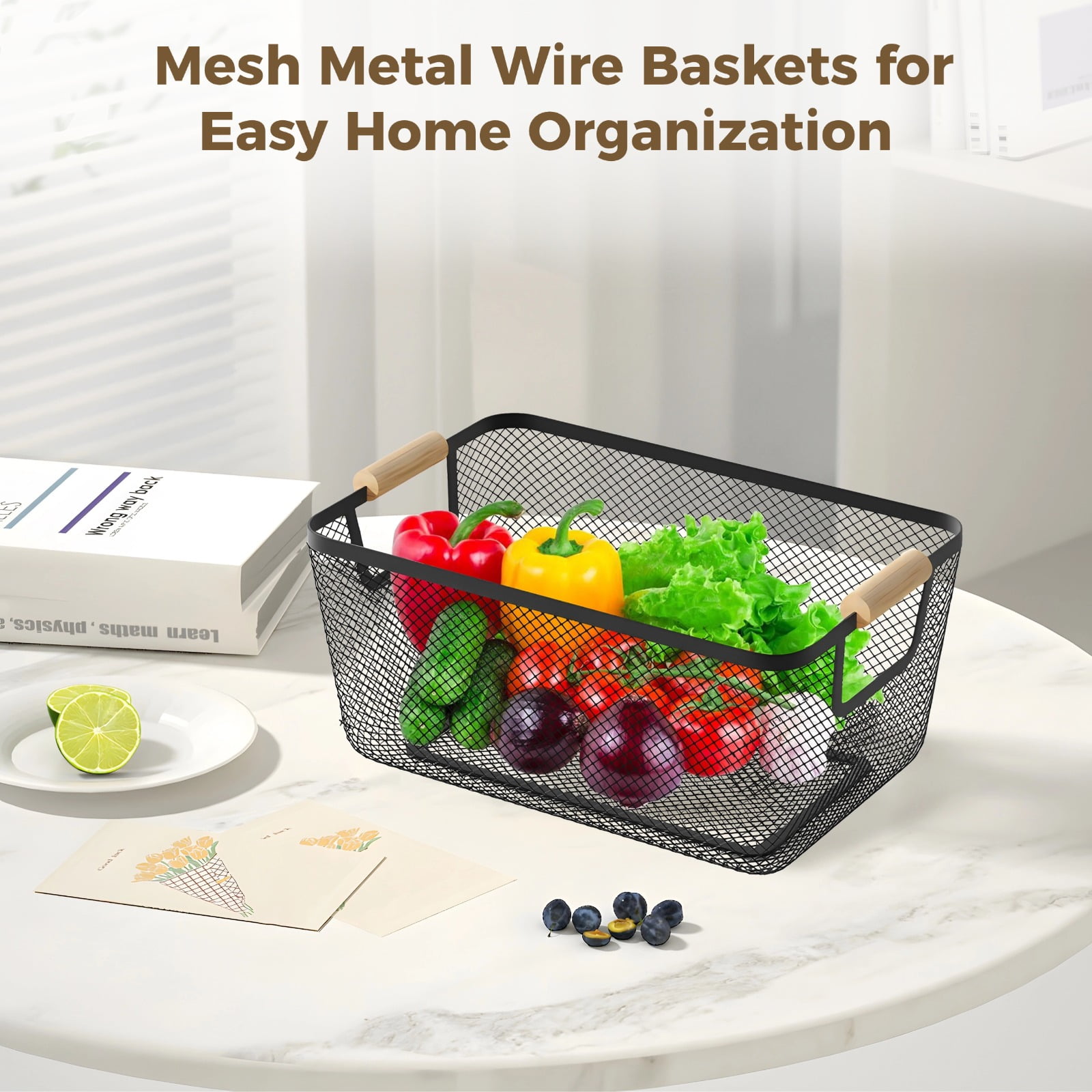 4 Pack Metal Mesh Wire Storage Baskets – Small Black Desktop Bin Set, Dual Bamboo Handles, Rust-Resistant Iron, Stackable for Kitchen, Home Office & Pantry Organization