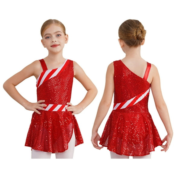 TiaoBug Girls Christmas Candy Cane Costume Shiny Sequins Ballet Dance Leotard Dress Red 8