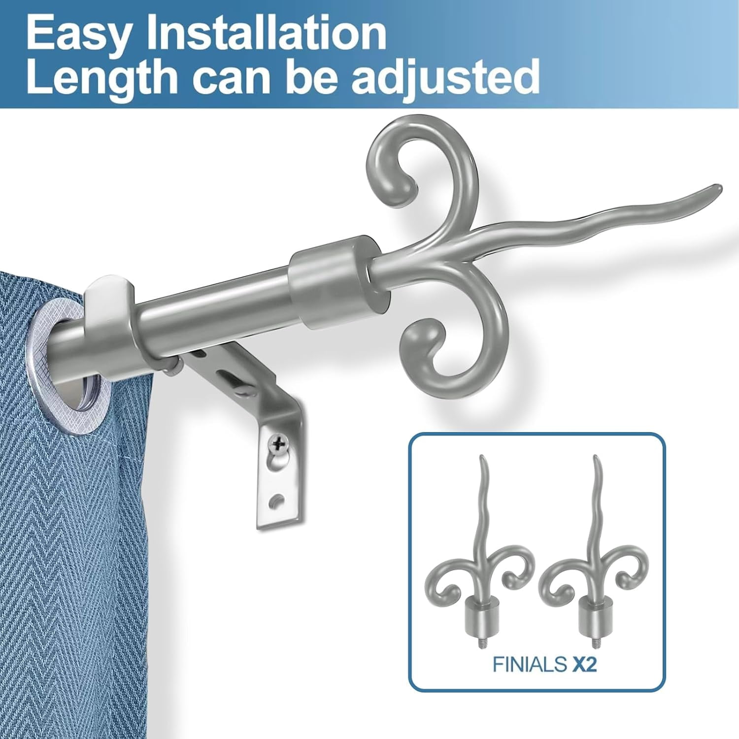 Urbanest Adjustable Single Curtain Rod Set With Flame Finials – 5/8-Inch Diameter, Pewter, 84–120 Inches