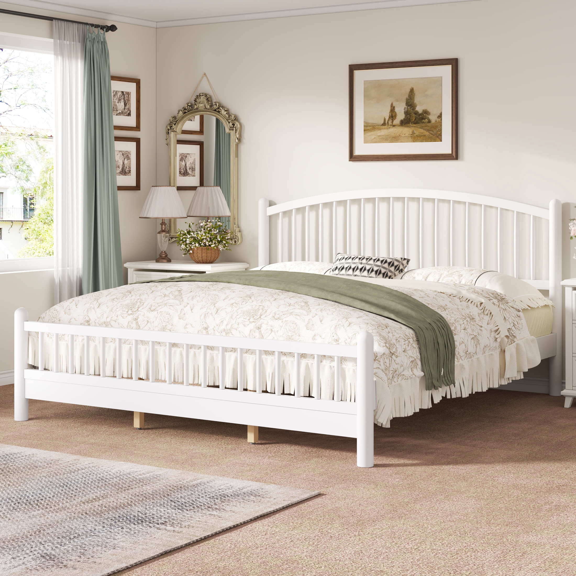 Noble House Alaric King Wood Platform Bed Frame, Arched Spindle Headboard, Noise-Free Foundation, White