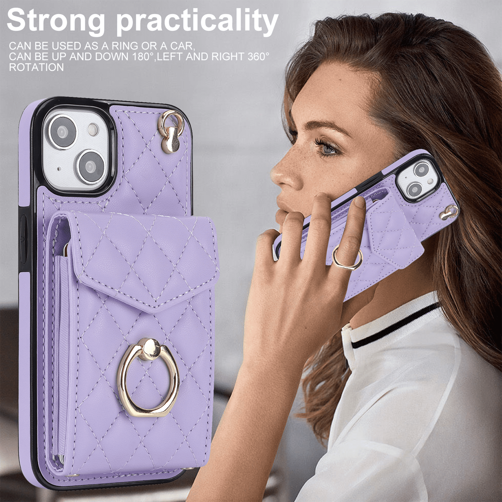 Asuwish Wallet RFID Blocking PU Leather Cell Phone Case with Tempered Glass Screen Protector, Wrist Strap for iPhone 15 Plus, Purple